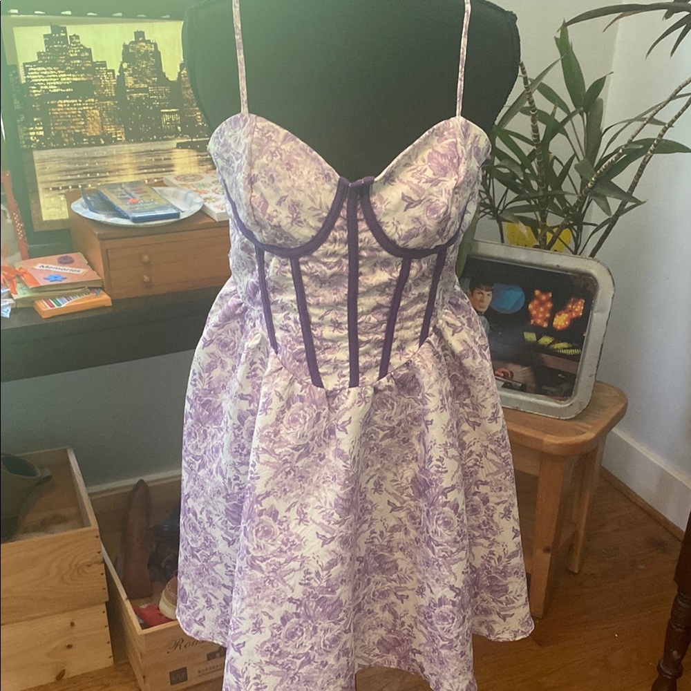 Romantic Cottage-core Corset waist  Lavender Floral Mini Dress